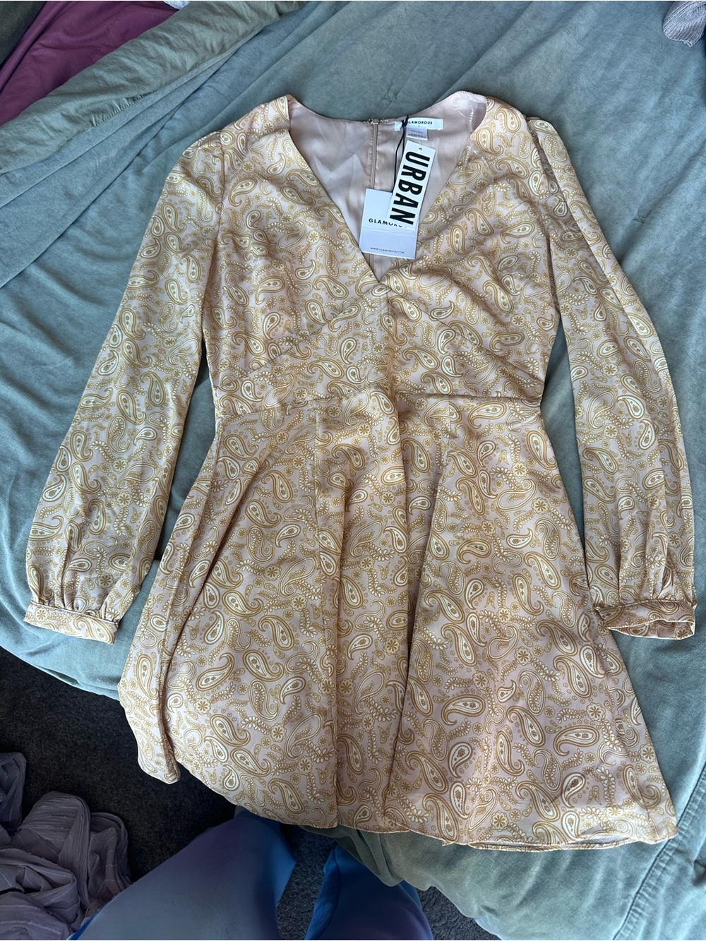 Urban Outfitters Cream and Gold Paisley Long-Sleeve Kids Dress